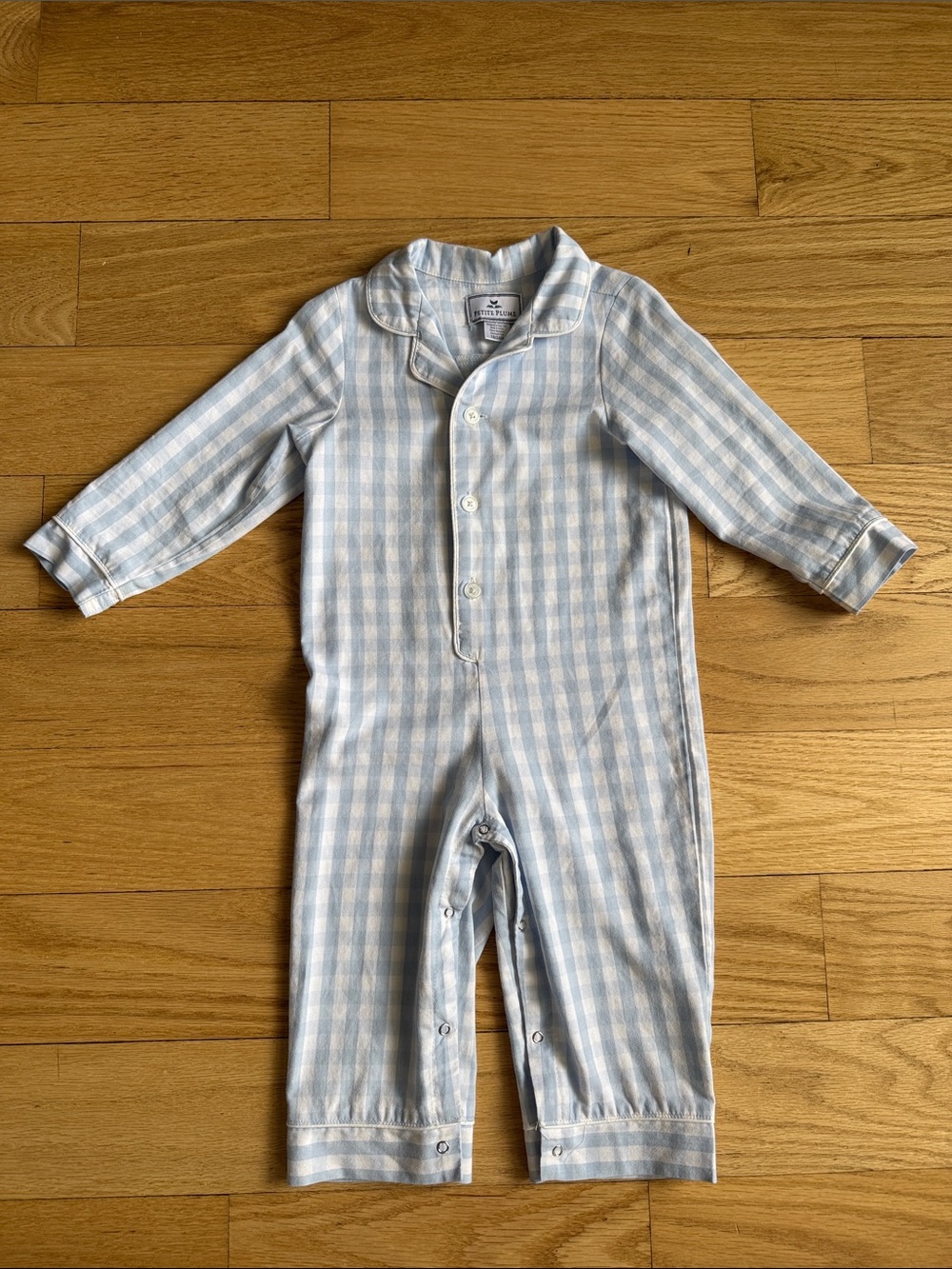 Petit Plume Blue Gingham Baby Pajama One-Piece - Picture 3 of 4